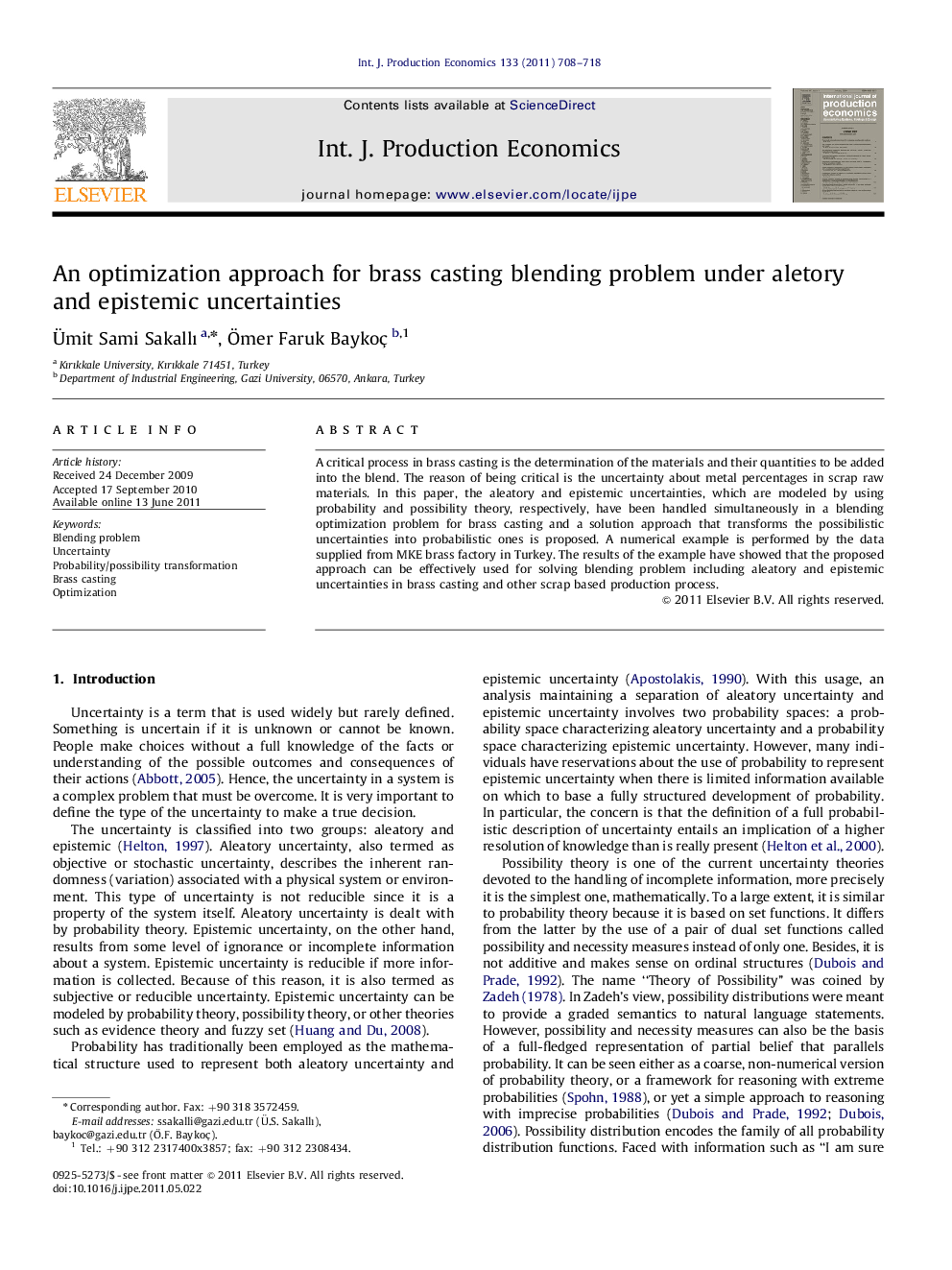 An optimization approach for brass casting blending problem under aletory and epistemic uncertainties