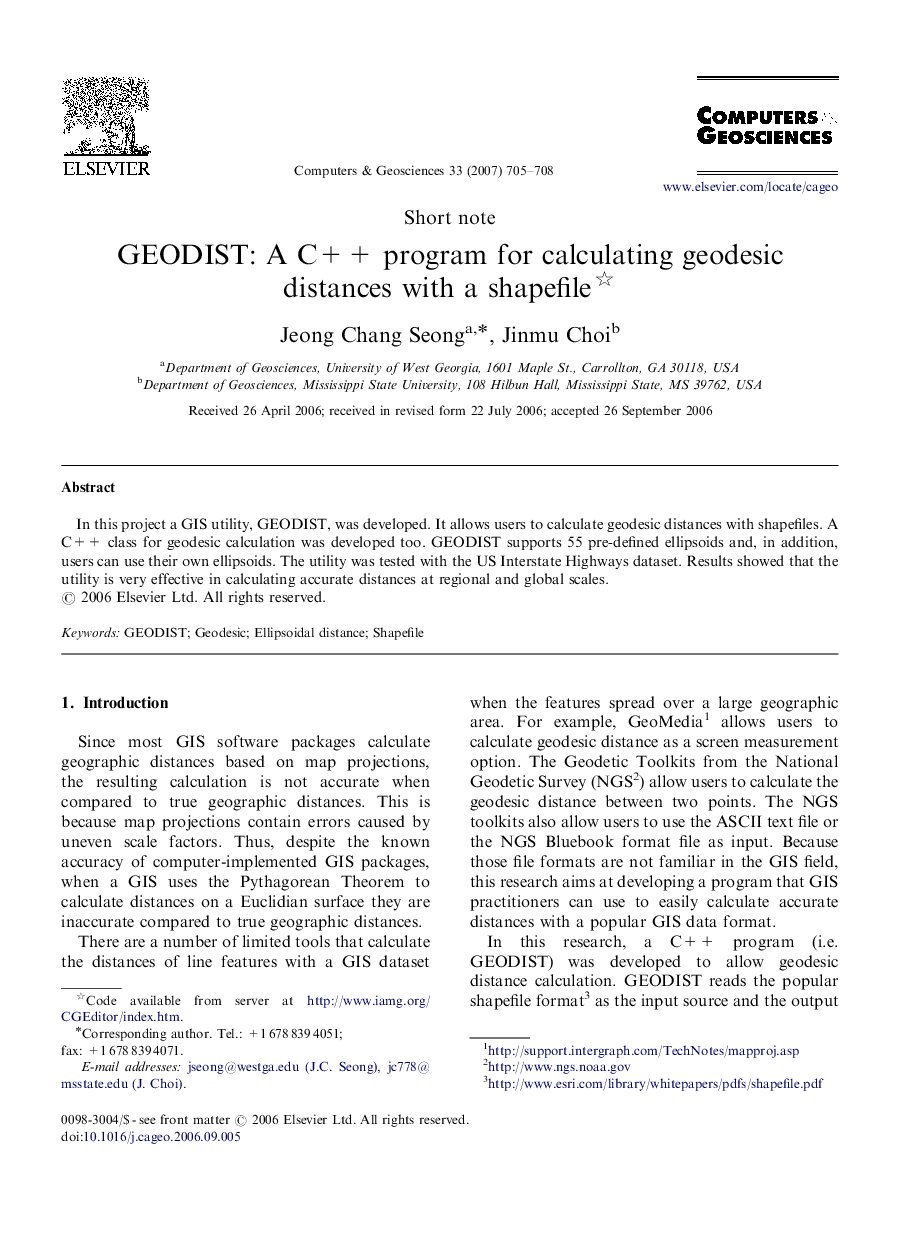 GEODIST: A C++ program for calculating geodesic distances with a shapefile 