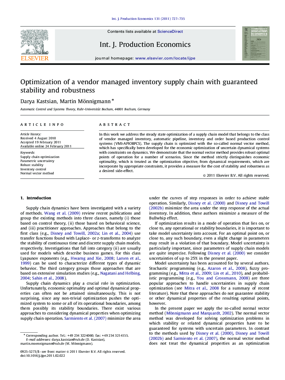 Optimization of a vendor managed inventory supply chain with guaranteed stability and robustness