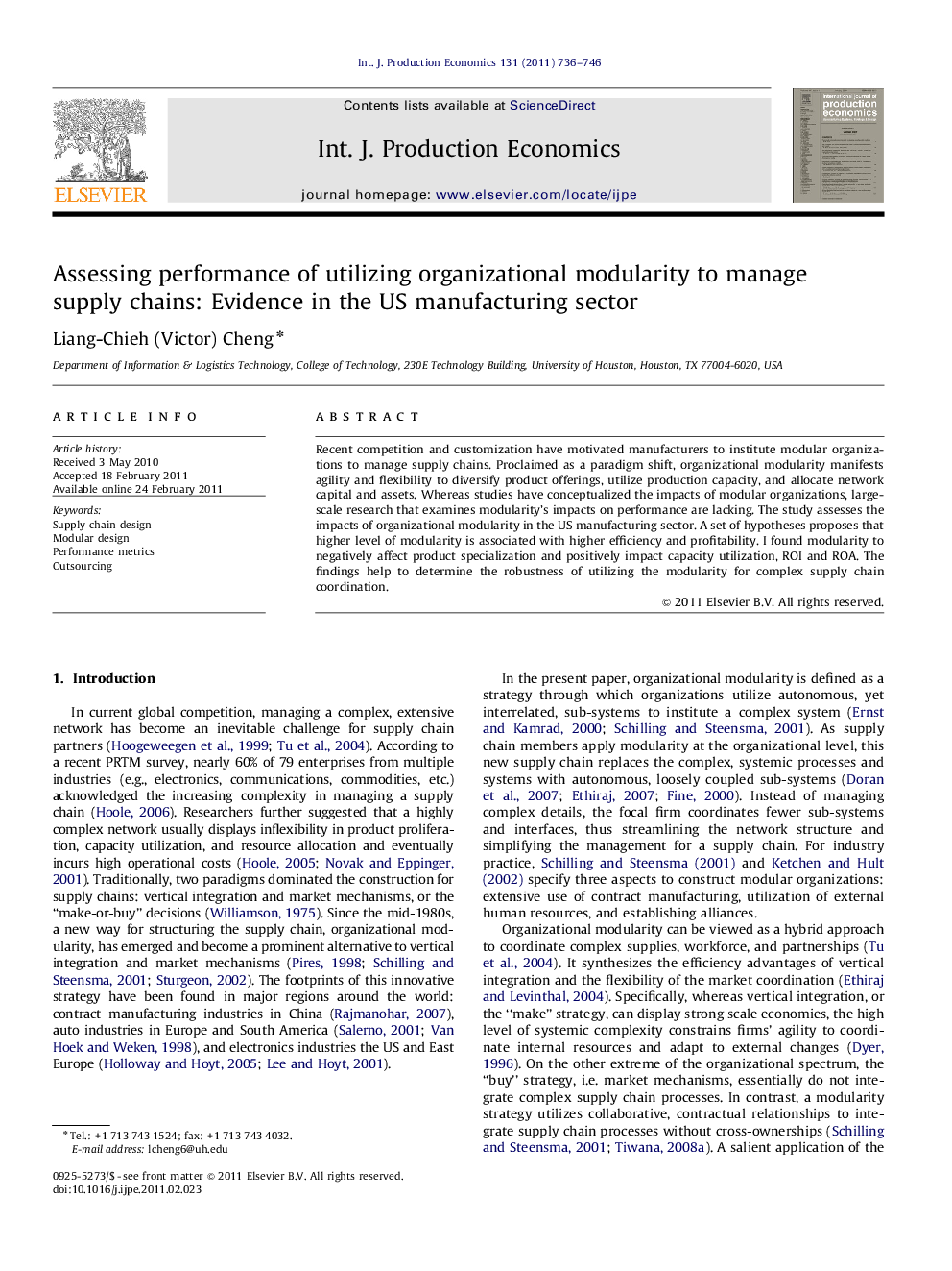 Assessing performance of utilizing organizational modularity to manage supply chains: Evidence in the US manufacturing sector