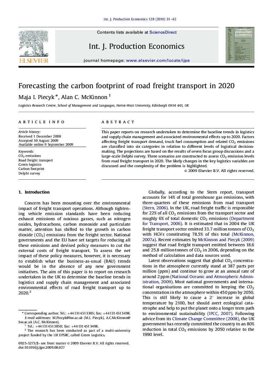 Forecasting the carbon footprint of road freight transport in 2020