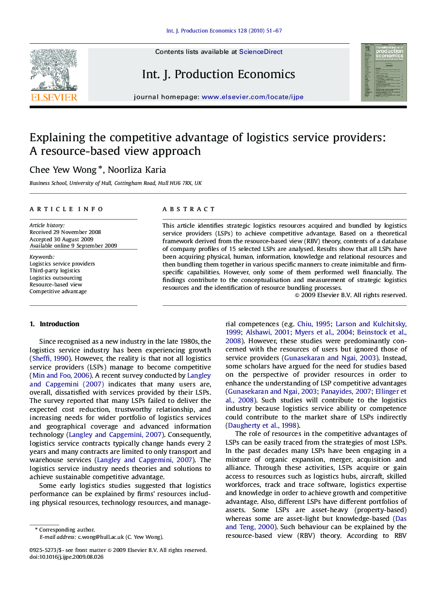 Explaining the competitive advantage of logistics service providers: A resource-based view approach