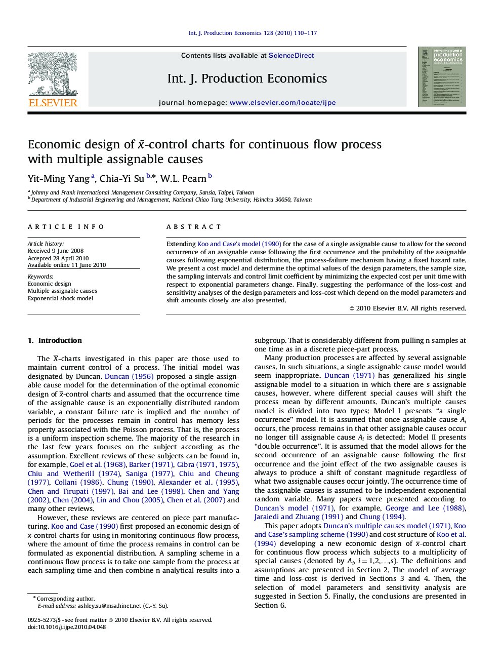 Economic design of xÂ¯-control charts for continuous flow process with multiple assignable causes