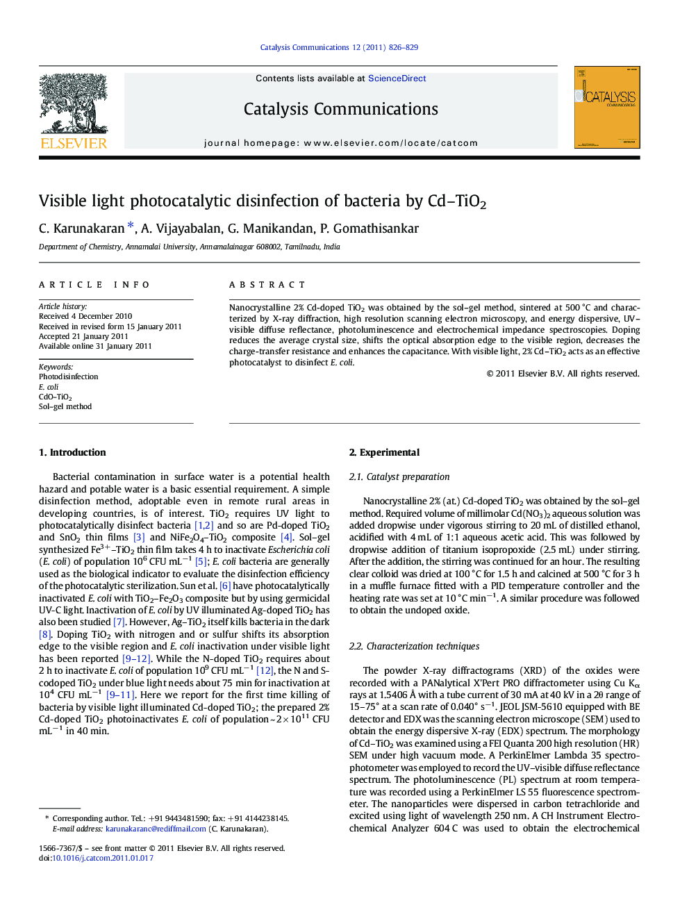 Visible light photocatalytic disinfection of bacteria by Cd–TiO2