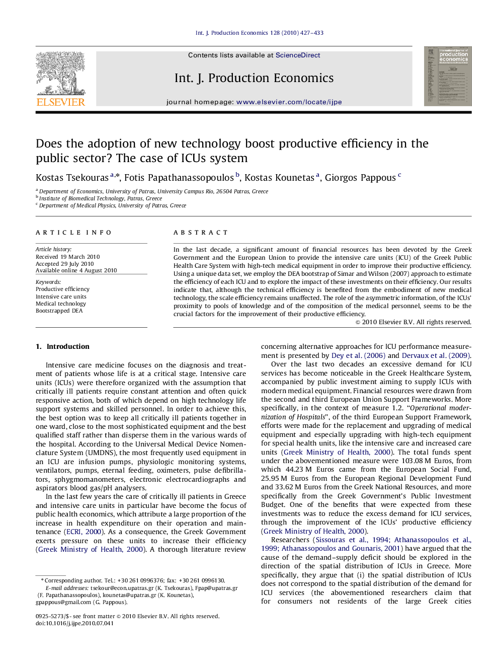 عکس صفحه اول مقاله: Does the adoption of new technology boost productive efficiency in the public sector? The case of ICUs system Does the adoption of new technology boost productive efficiency in the public sector? The case of ICUs system