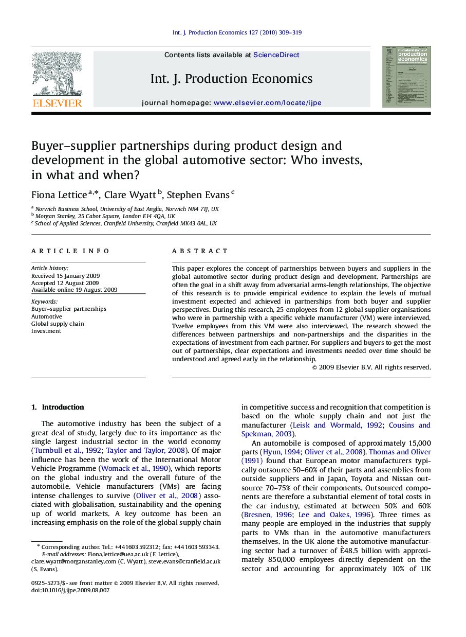 عکس صفحه اول مقاله: Buyer-supplier partnerships during product design and development in the global automotive sector: Who invests, in what and when? Buyer-supplier partnerships during product design and development in the global automotive sector: Who invests, in what and when?