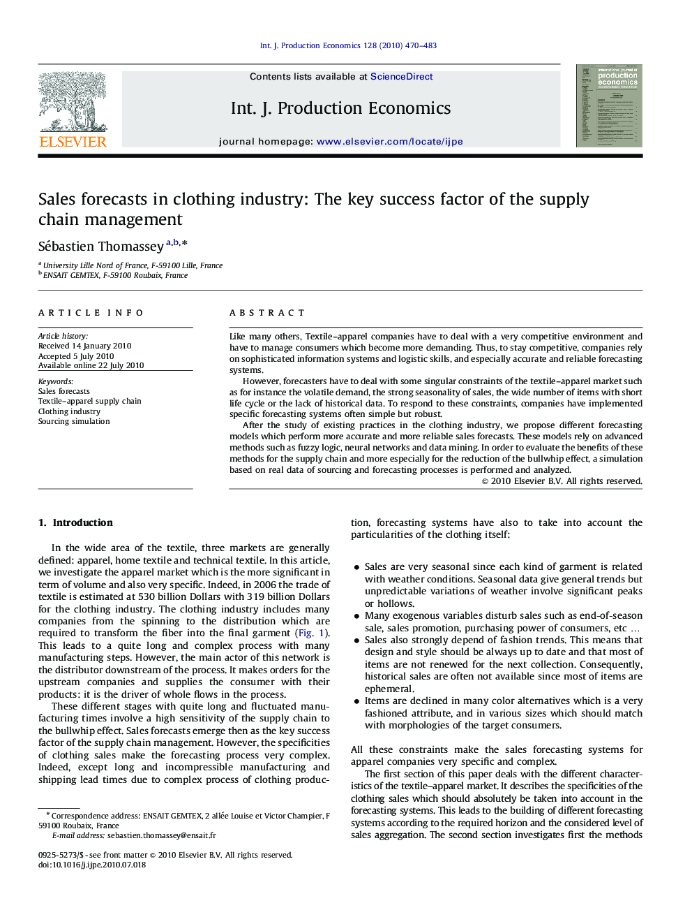 Sales forecasts in clothing industry: The key success factor of the supply chain management