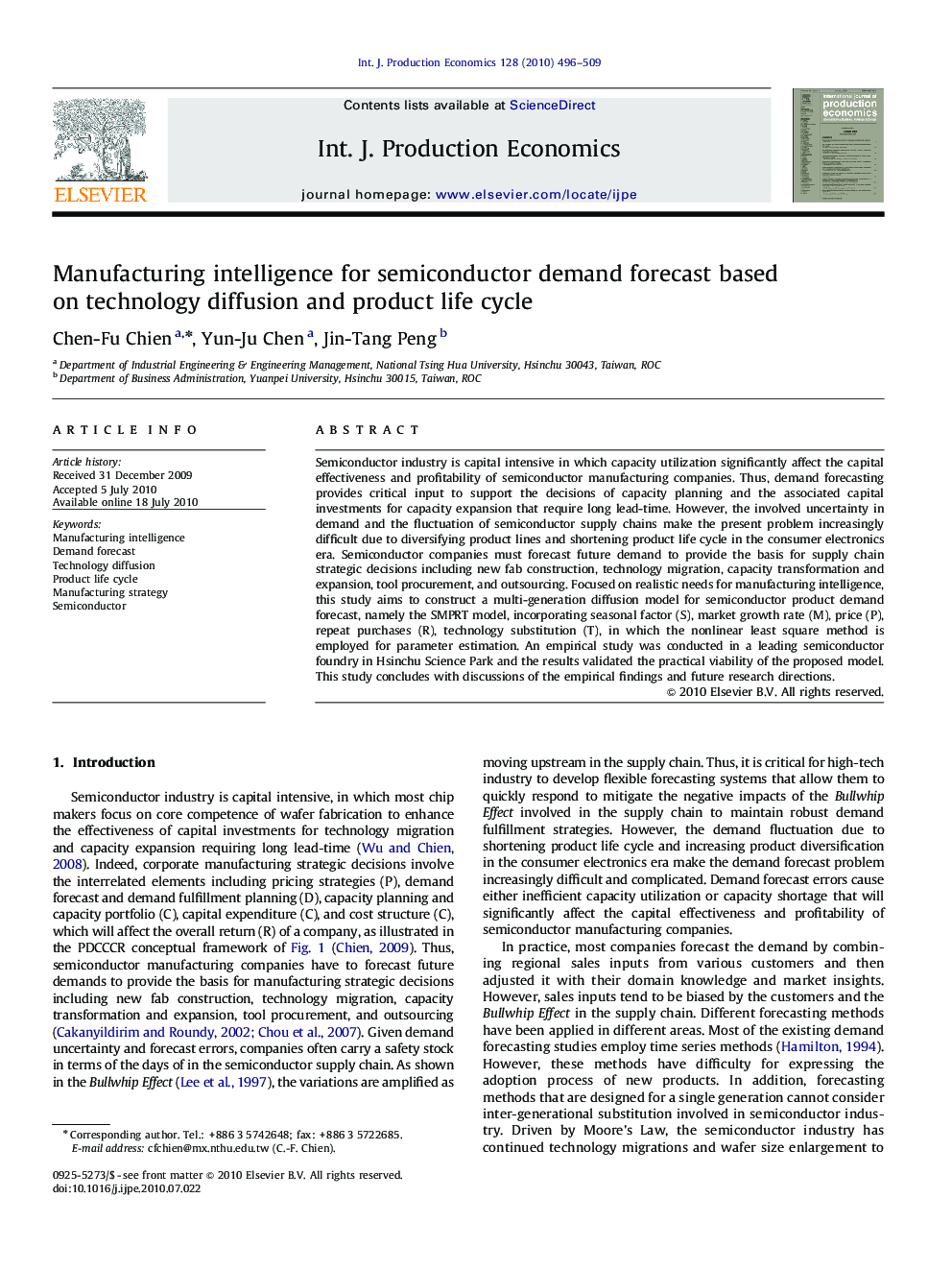 Manufacturing intelligence for semiconductor demand forecast based on technology diffusion and product life cycle