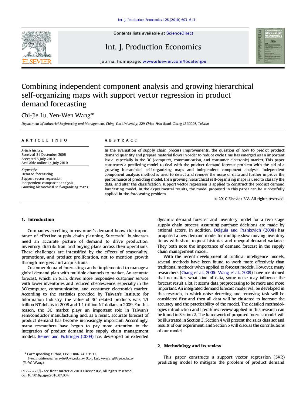 Combining independent component analysis and growing hierarchical self-organizing maps with support vector regression in product demand forecasting