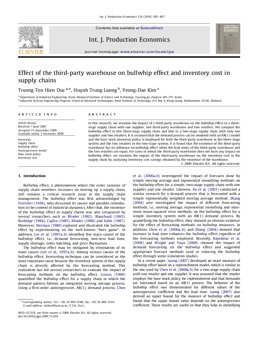 Effect of the third-party warehouse on bullwhip effect and inventory cost in supply chains