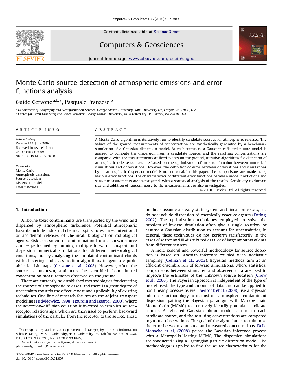 Monte Carlo source detection of atmospheric emissions and error functions analysis