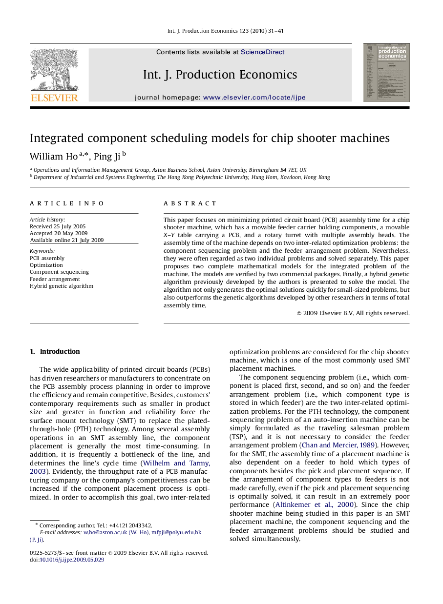 Integrated component scheduling models for chip shooter machines