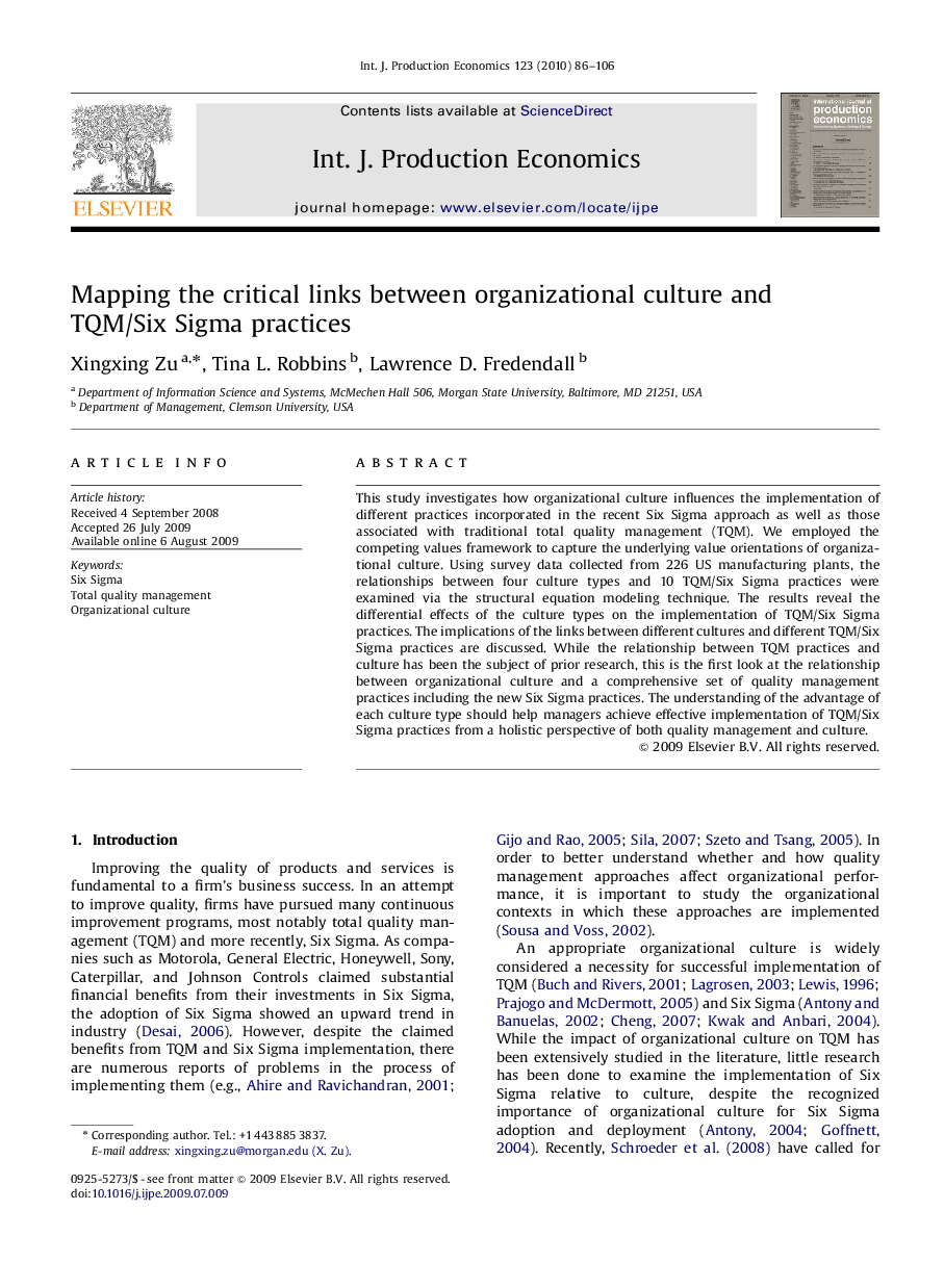 Mapping the critical links between organizational culture and TQM/Six Sigma practices