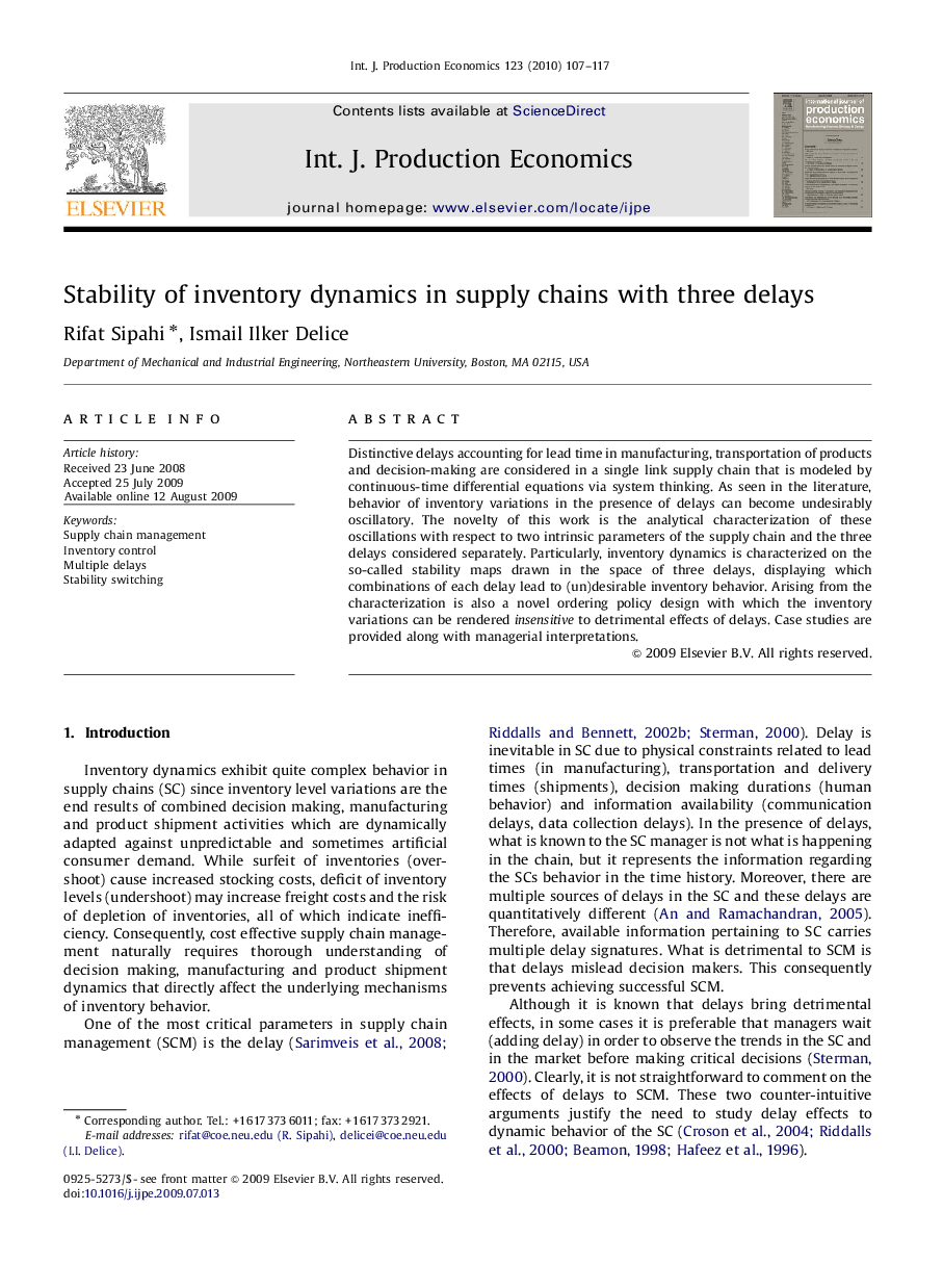 Stability of inventory dynamics in supply chains with three delays