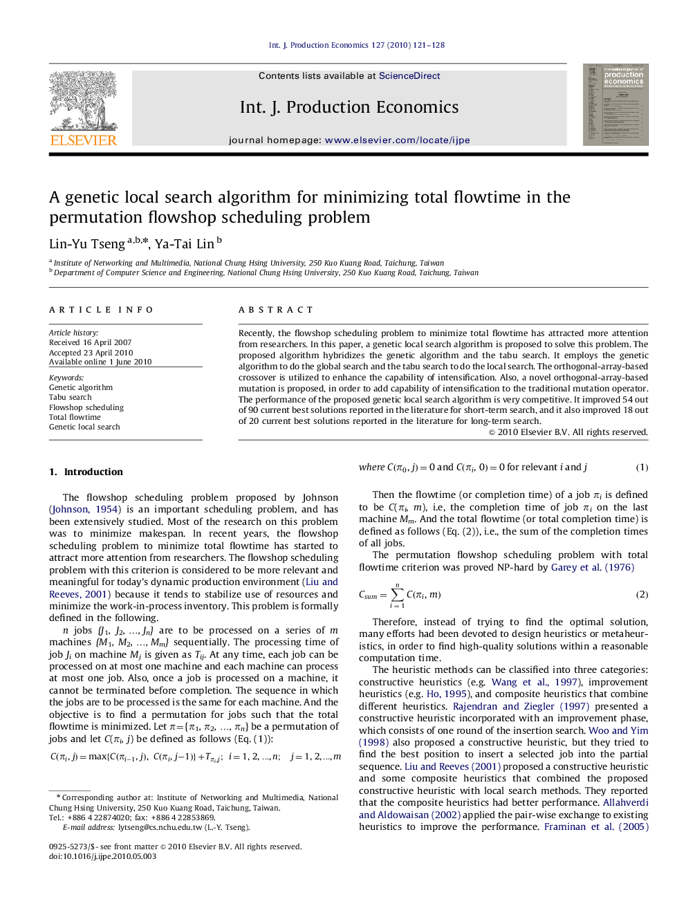 A genetic local search algorithm for minimizing total flowtime in the permutation flowshop scheduling problem