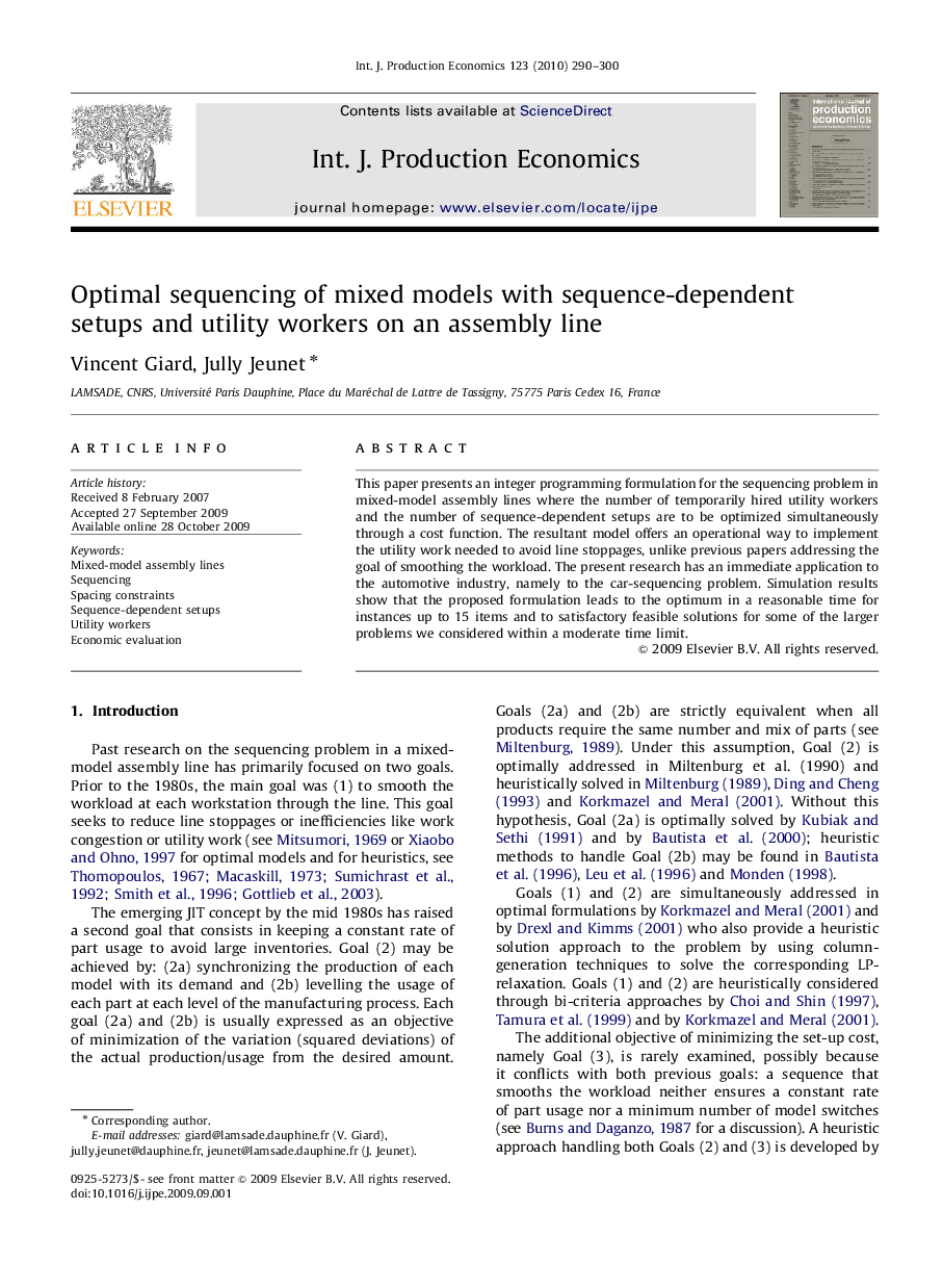 Optimal sequencing of mixed models with sequence-dependent setups and utility workers on an assembly line