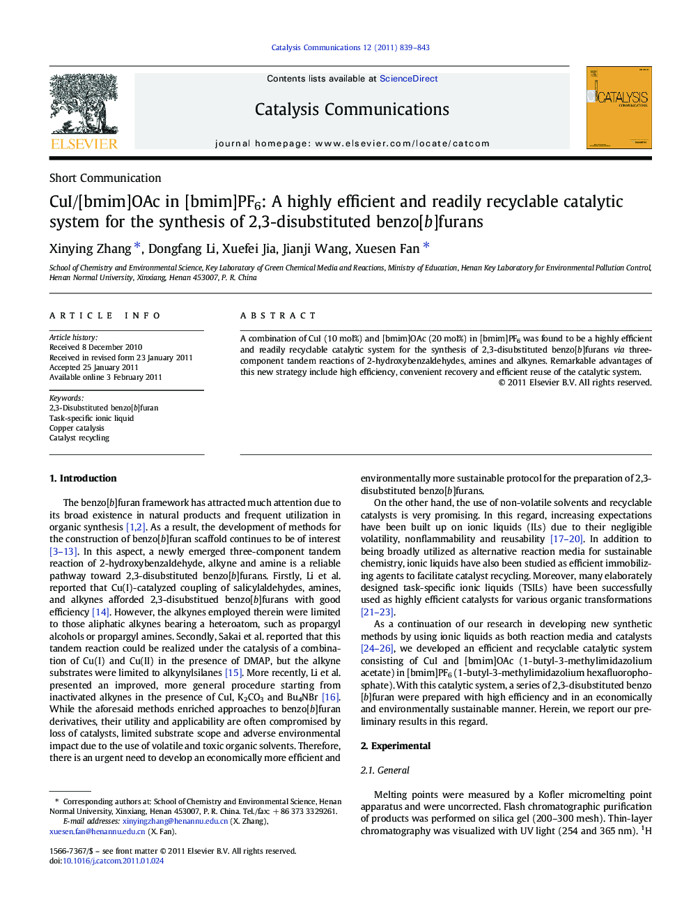 CuI/[bmim]OAc in [bmim]PF6: A highly efficient and readily recyclable catalytic system for the synthesis of 2,3-disubstituted benzo[b]furans