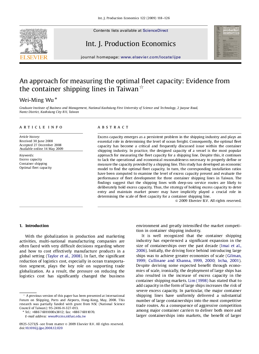 An approach for measuring the optimal fleet capacity: Evidence from the container shipping lines in Taiwan