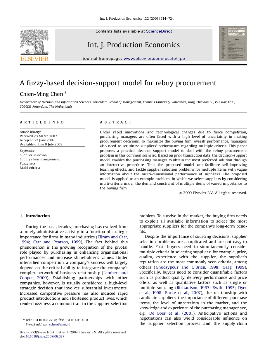 A fuzzy-based decision-support model for rebuy procurement