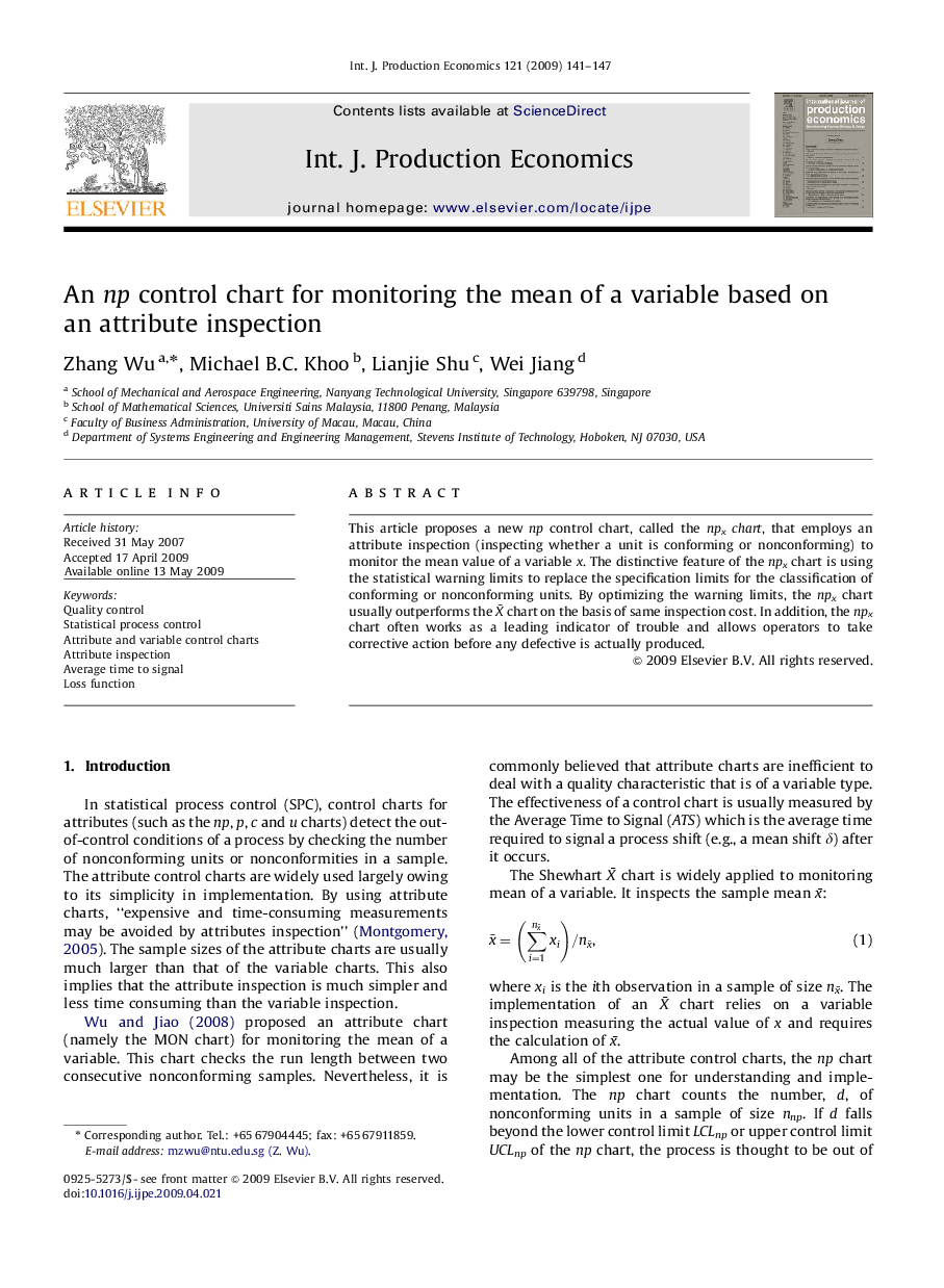 An np control chart for monitoring the mean of a variable based on an attribute inspection