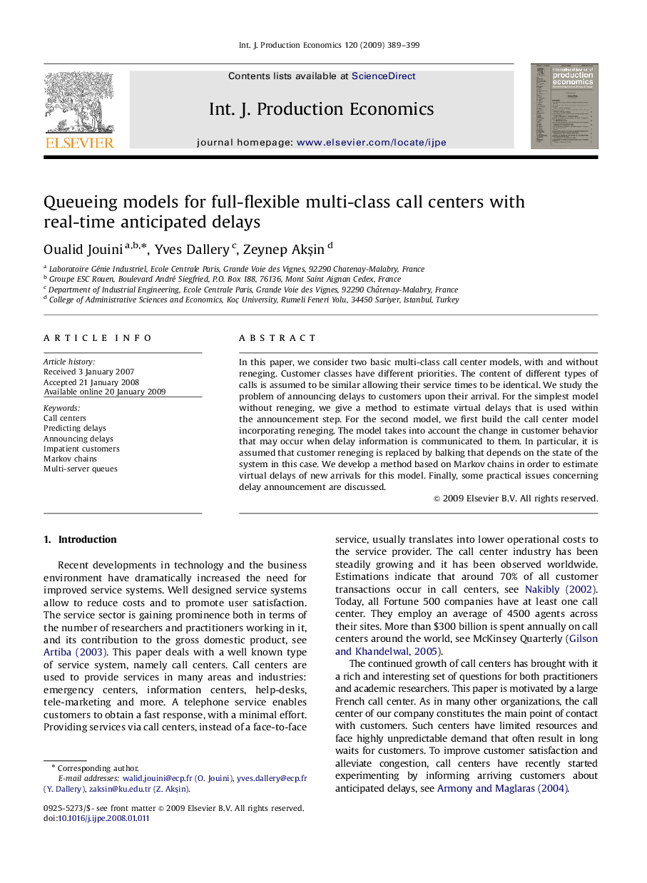 Queueing models for full-flexible multi-class call centers with real-time anticipated delays