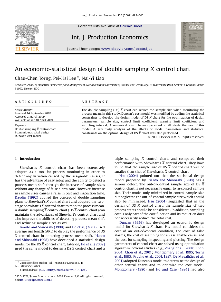 An economic-statistical design of double sampling XÂ¯ control chart
