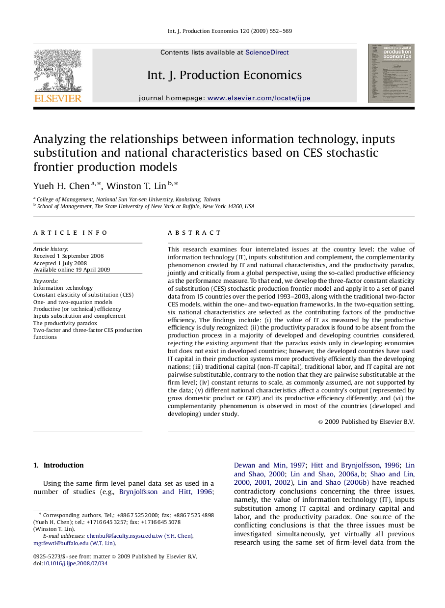 Analyzing the relationships between information technology, inputs substitution and national characteristics based on CES stochastic frontier production models