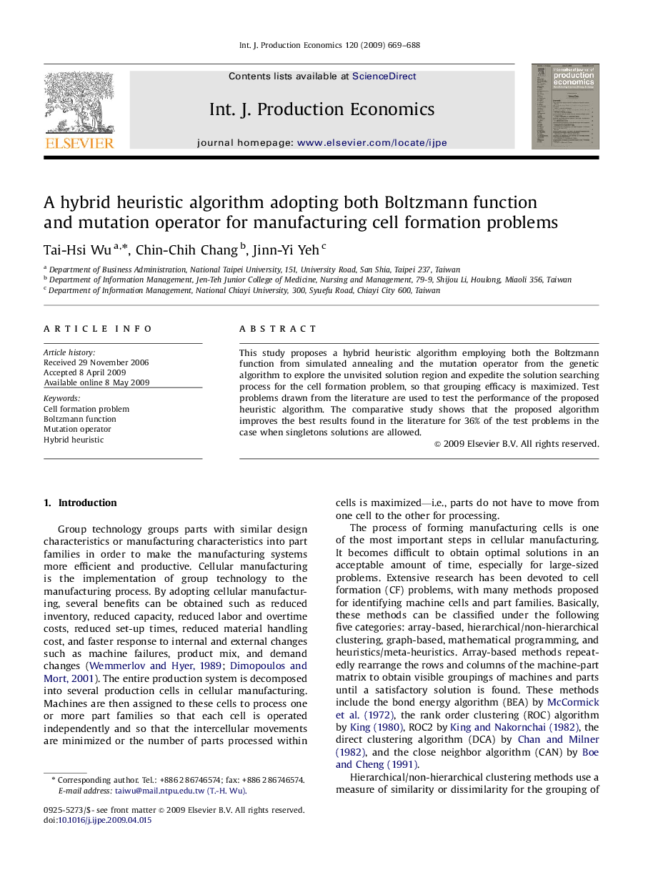 A hybrid heuristic algorithm adopting both Boltzmann function and mutation operator for manufacturing cell formation problems