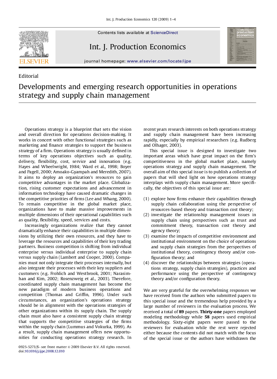 عکس صفحه اول مقاله: Developments and emerging research opportunities in operations strategy and supply chain management Developments and emerging research opportunities in operations strategy and supply chain management