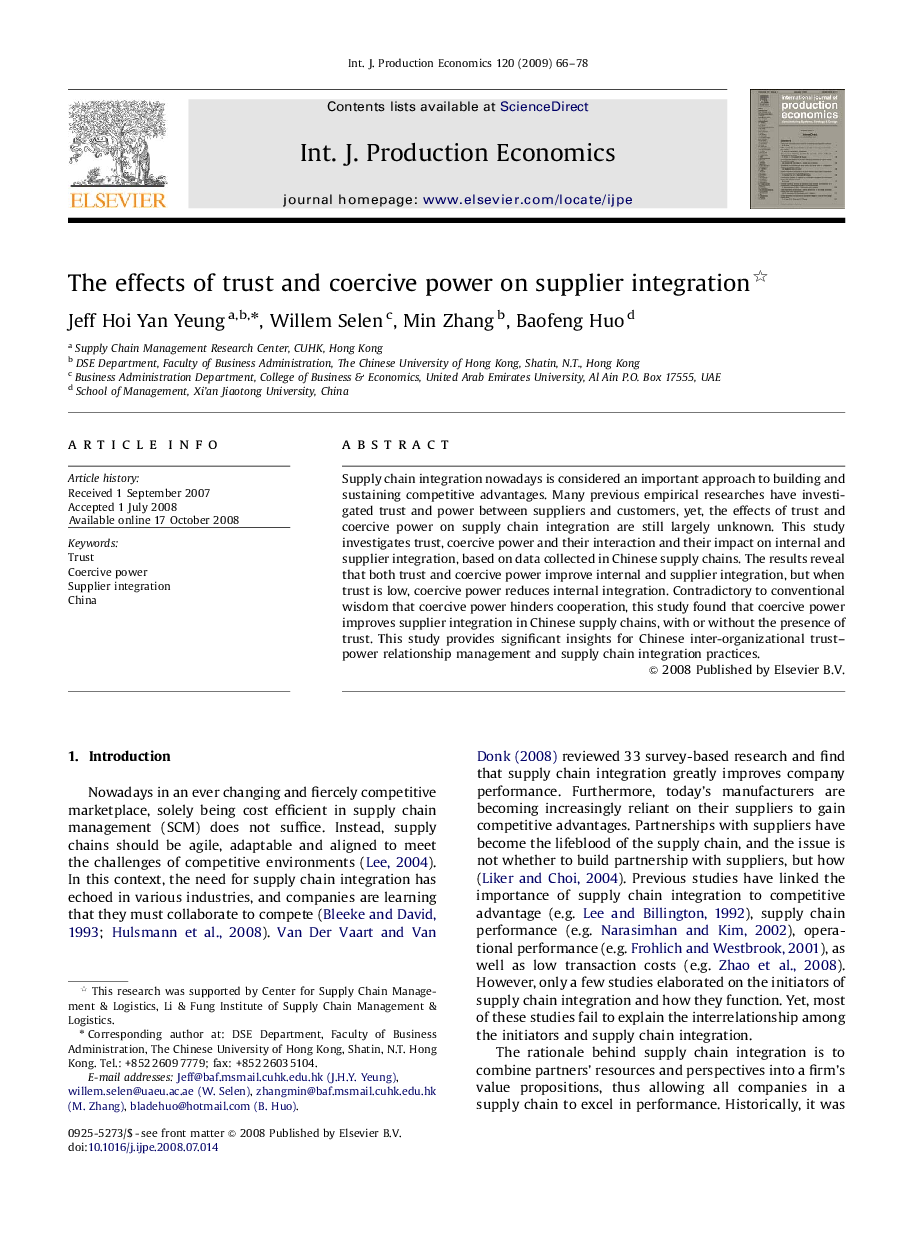 عکس صفحه اول مقاله: The effects of trust and coercive power on supplier integration The effects of trust and coercive power on supplier integration