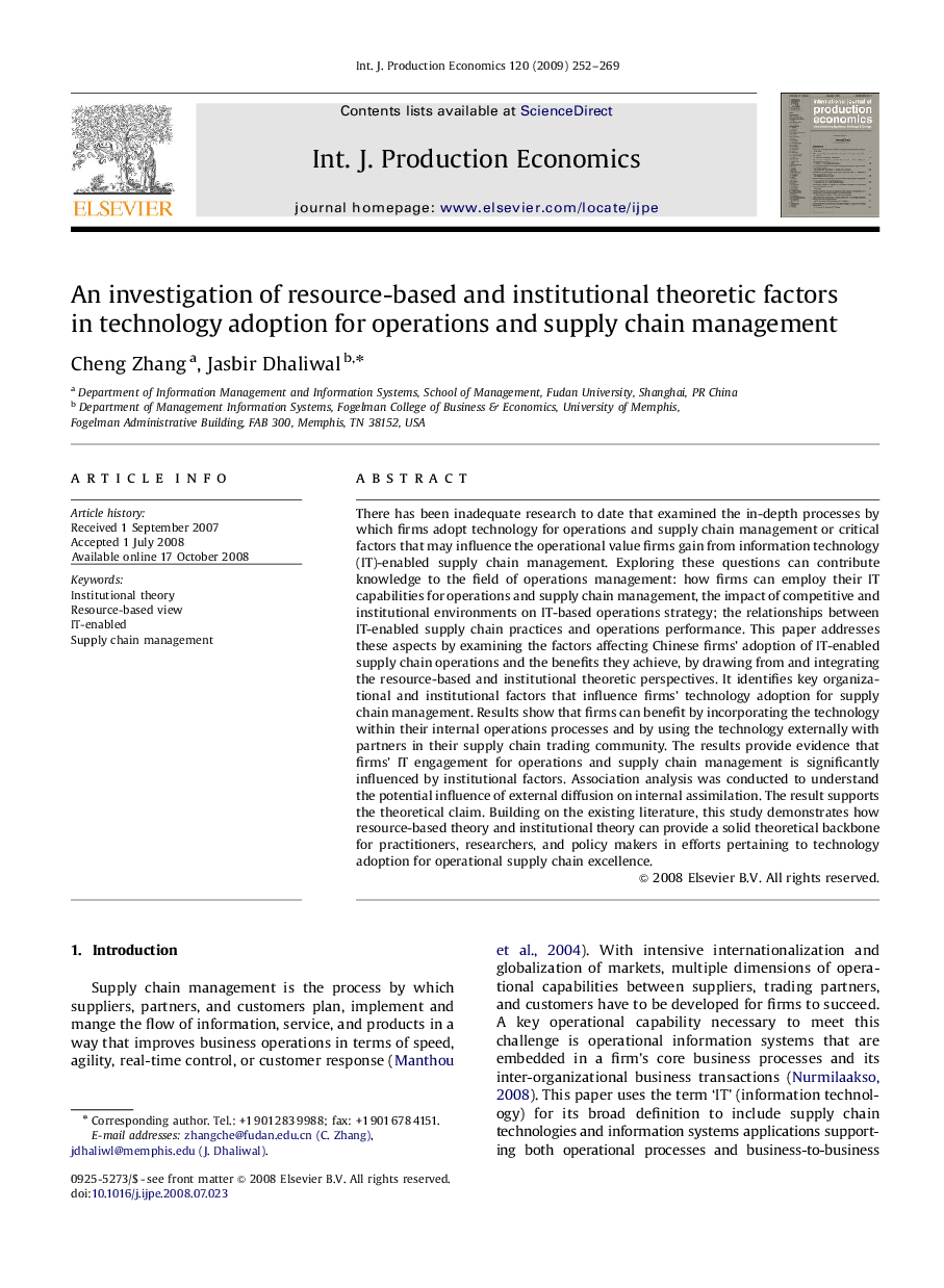 An investigation of resource-based and institutional theoretic factors in technology adoption for operations and supply chain management