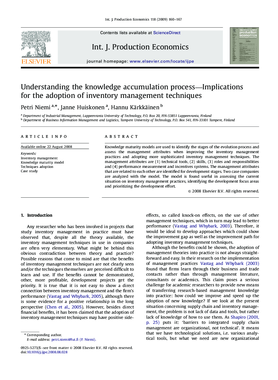 Understanding the knowledge accumulation process-Implications for the adoption of inventory management techniques