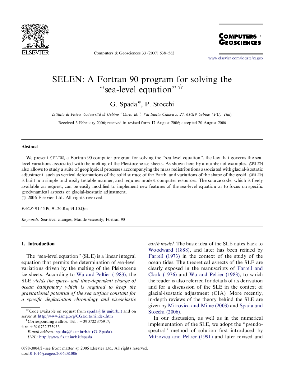 SELEN: A Fortran 90 program for solving the “sea-level equation” 