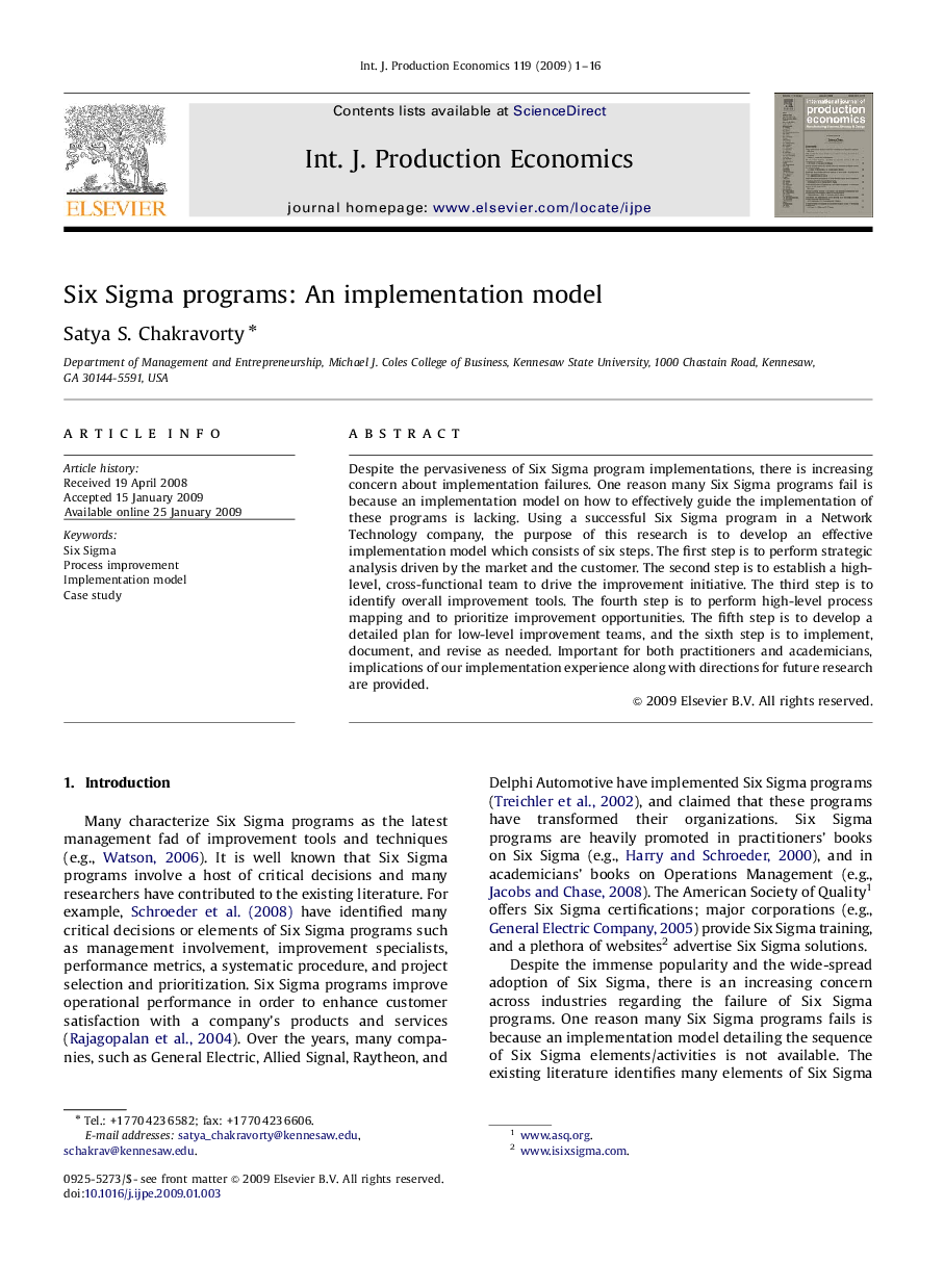 Six Sigma programs: An implementation model