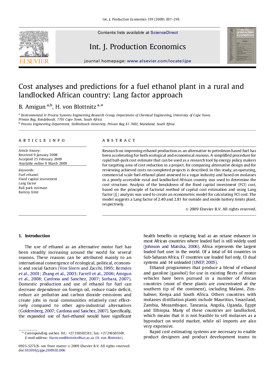 Cost analyses and predictions for a fuel ethanol plant in a rural and landlocked African country: Lang factor approach