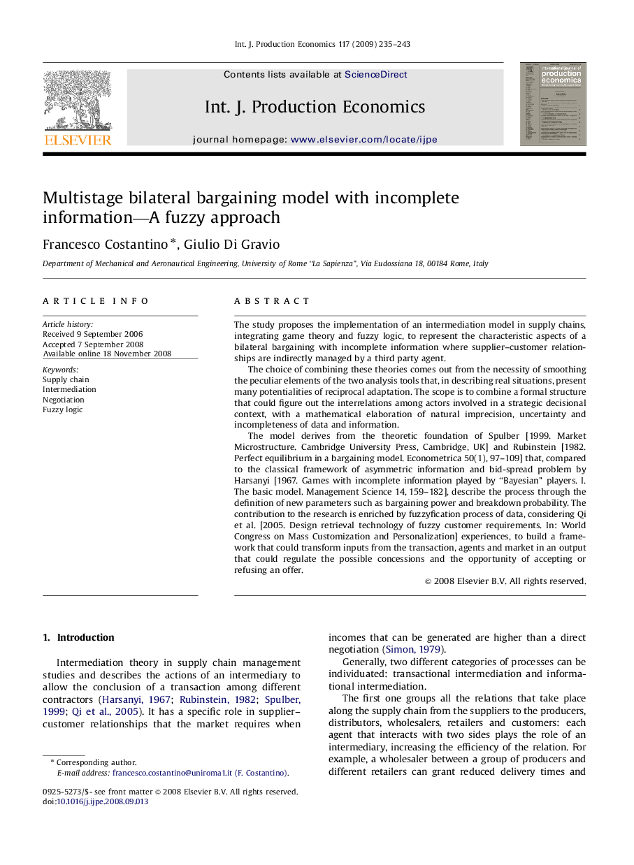 Multistage bilateral bargaining model with incomplete information-A fuzzy approach