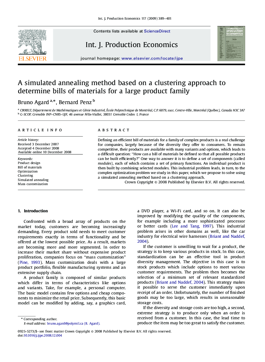 A simulated annealing method based on a clustering approach to determine bills of materials for a large product family