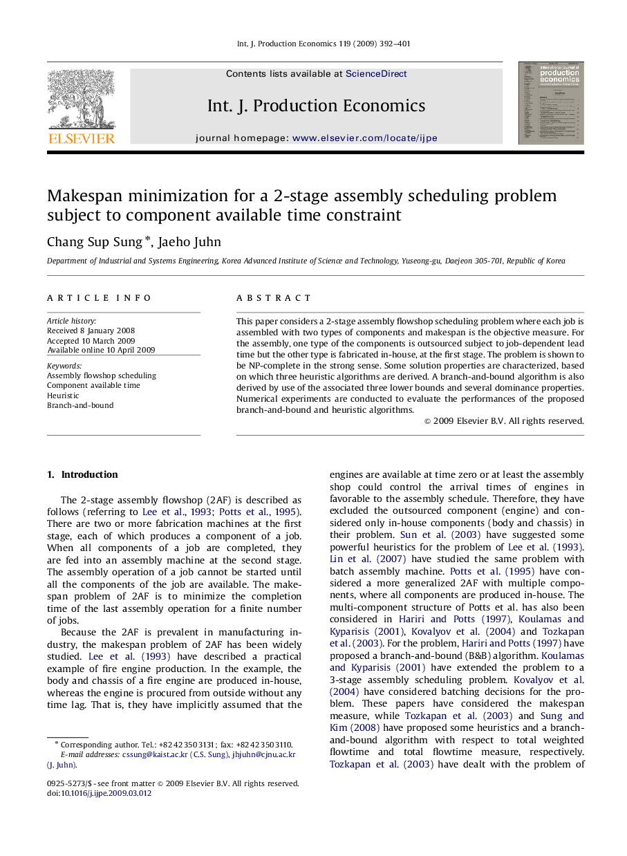 Makespan minimization for a 2-stage assembly scheduling problem subject to component available time constraint