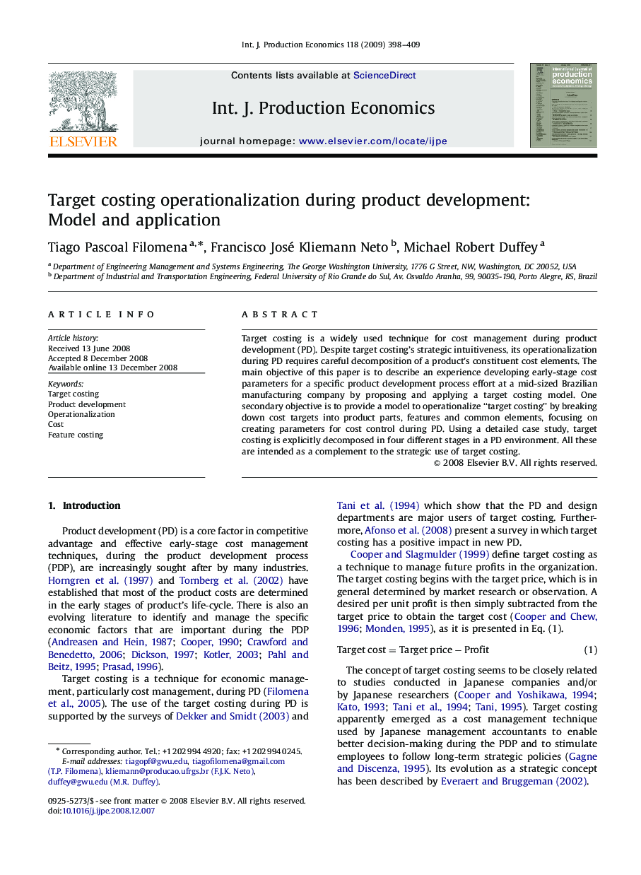 Target costing operationalization during product development: Model and application