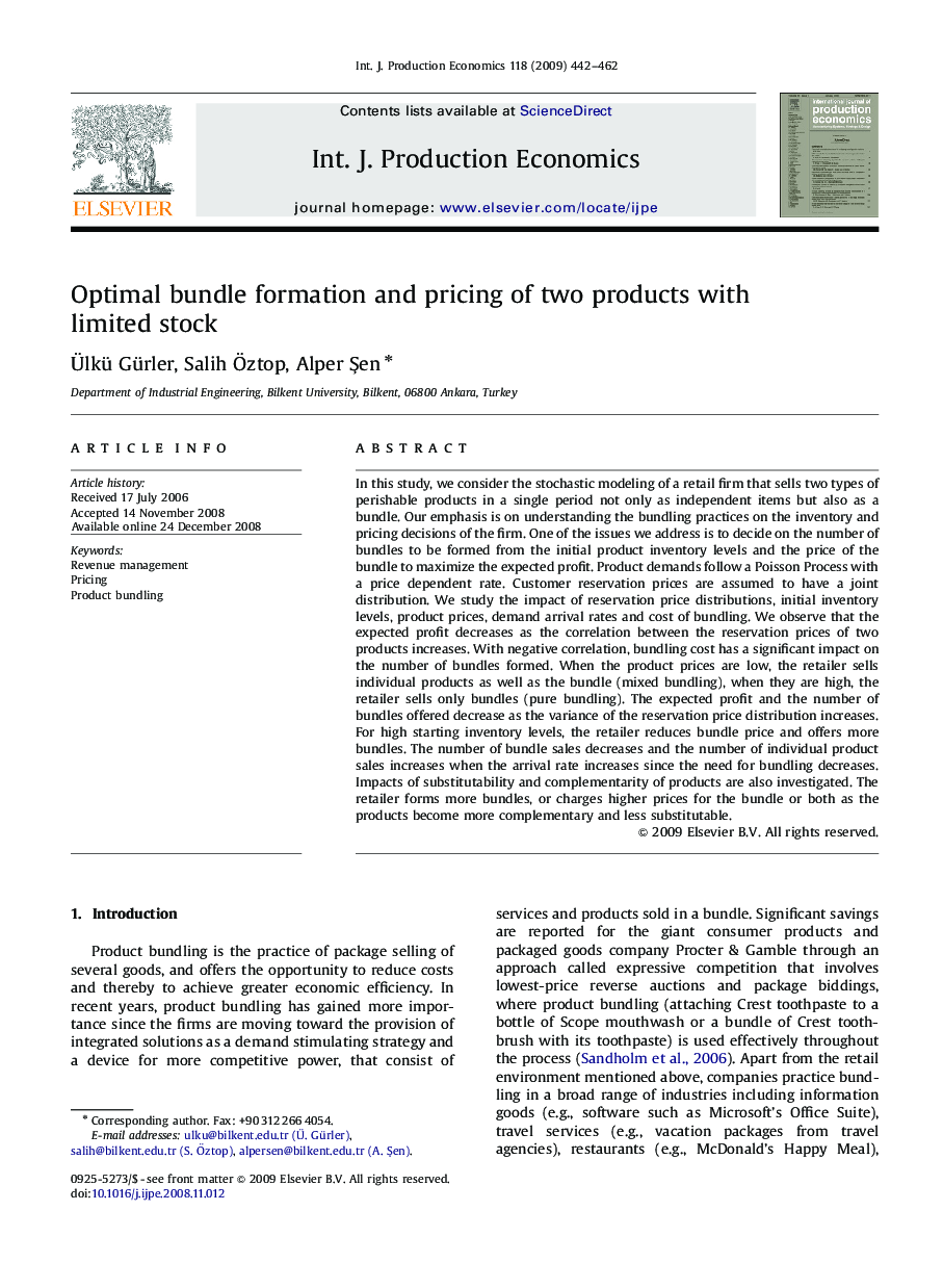 Optimal bundle formation and pricing of two products with limited stock