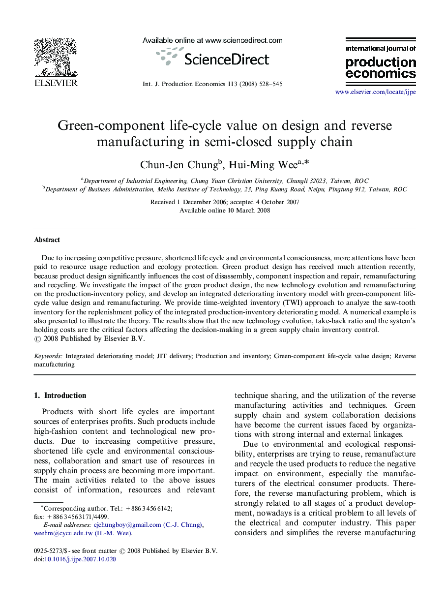 عکس صفحه اول مقاله: Green-component life-cycle value on design and reverse manufacturing in semi-closed supply chain Green-component life-cycle value on design and reverse manufacturing in semi-closed supply chain