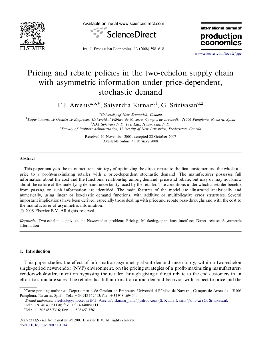 Pricing and rebate policies in the two-echelon supply chain with asymmetric information under price-dependent, stochastic demand