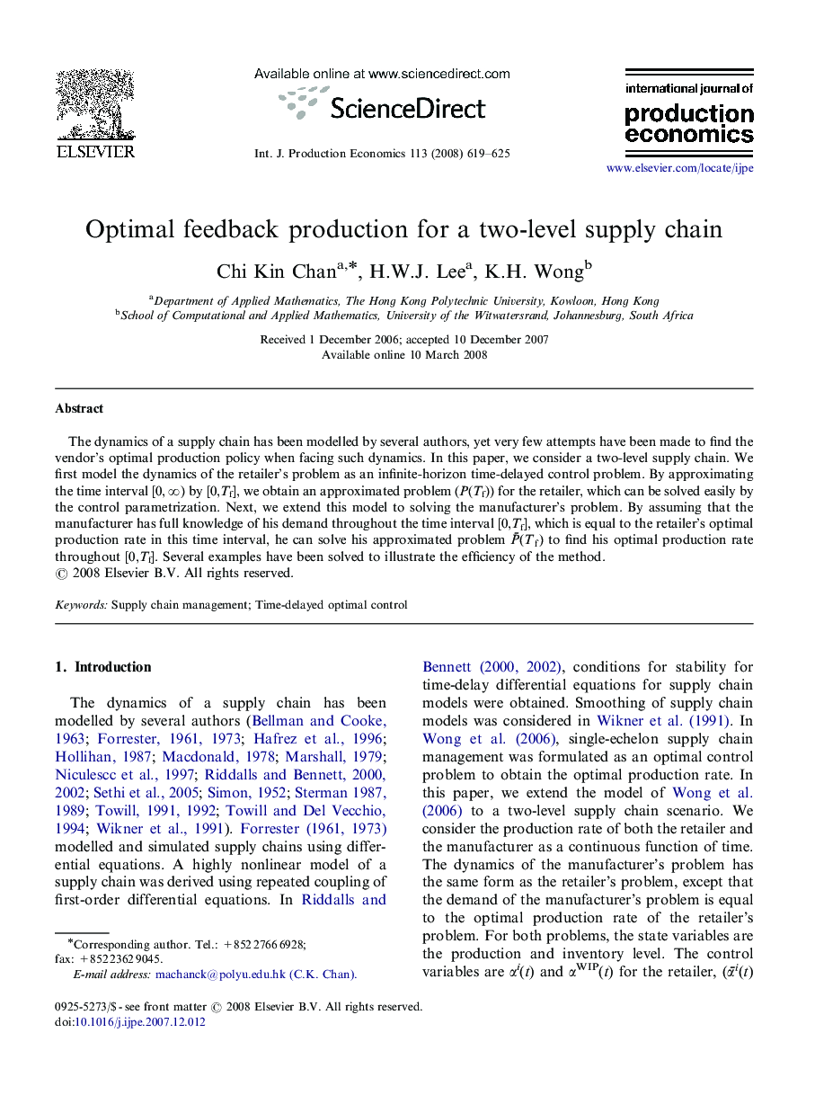 Optimal feedback production for a two-level supply chain