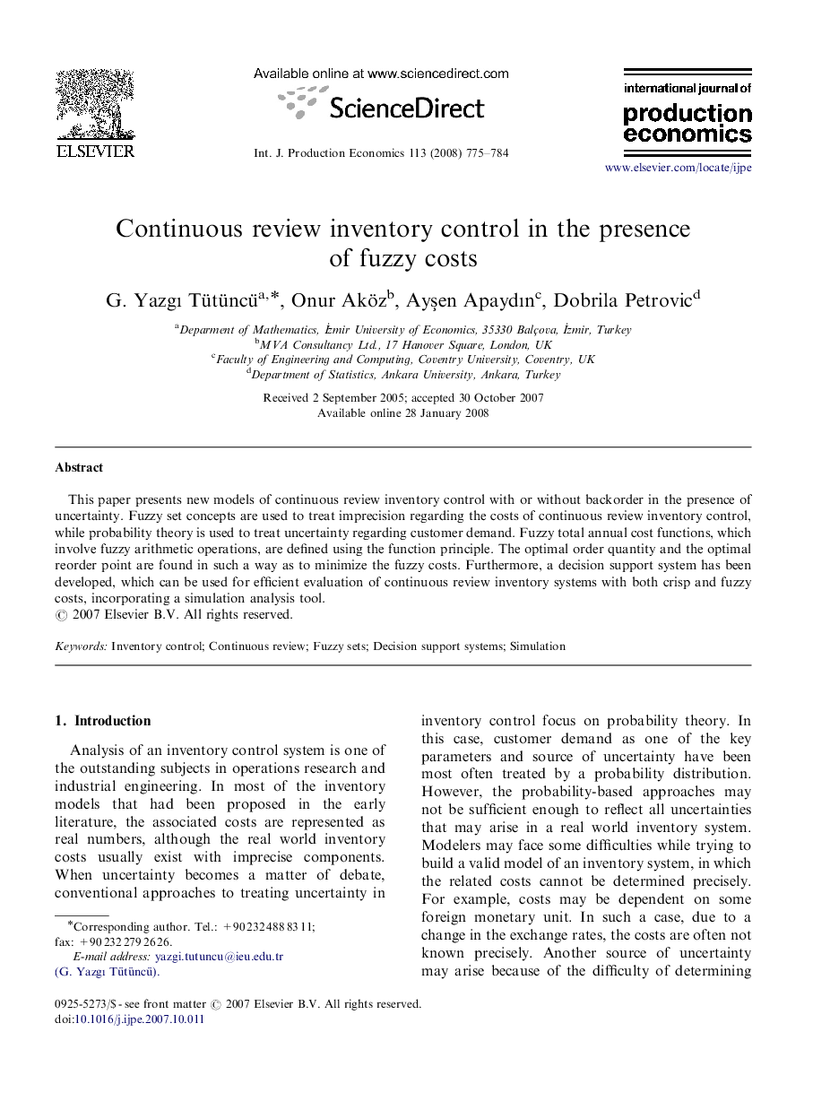 Continuous review inventory control in the presence of fuzzy costs