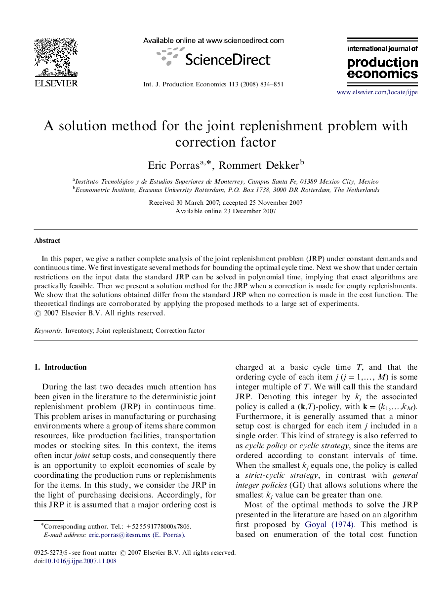 A solution method for the joint replenishment problem with correction factor