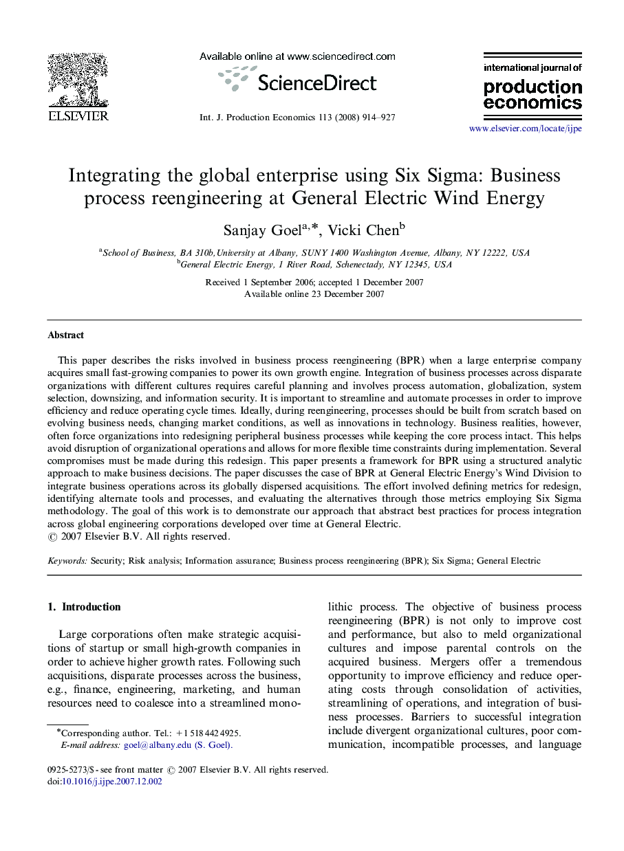 Integrating the global enterprise using Six Sigma: Business process reengineering at General Electric Wind Energy