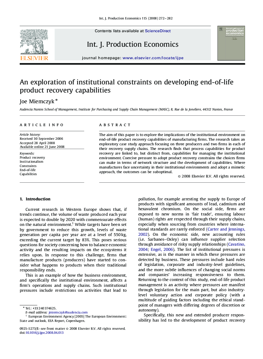 An exploration of institutional constraints on developing end-of-life product recovery capabilities