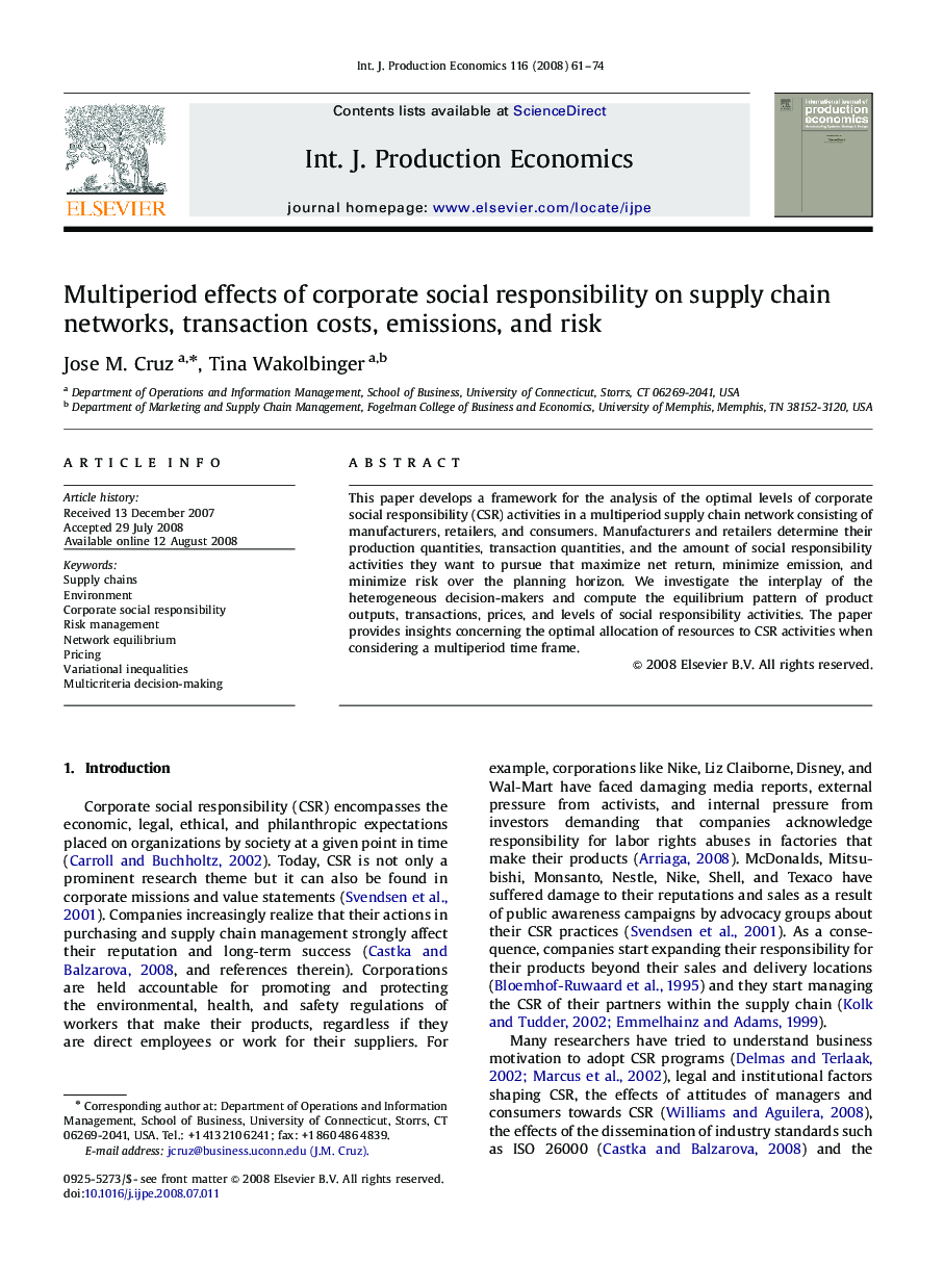 عکس صفحه اول مقاله: Multiperiod effects of corporate social responsibility on supply chain networks, transaction costs, emissions, and risk Multiperiod effects of corporate social responsibility on supply chain networks, transaction costs, emissions, and risk