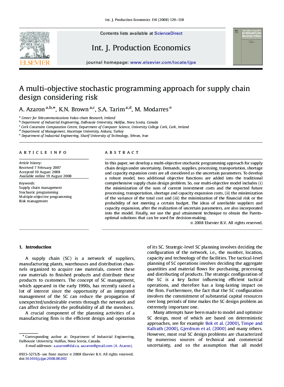 A multi-objective stochastic programming approach for supply chain design considering risk