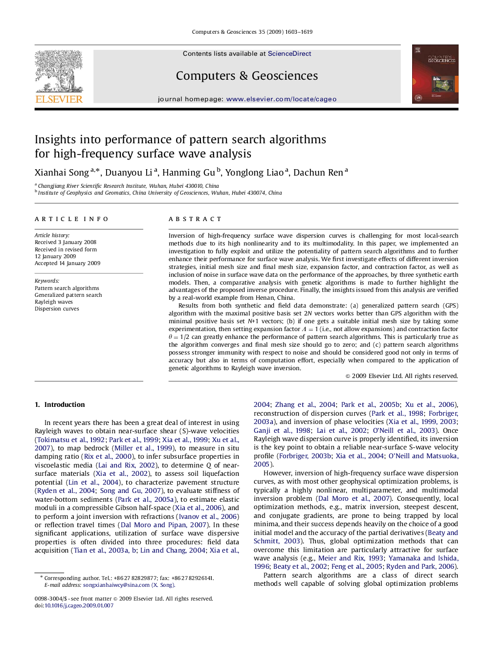 Insights into performance of pattern search algorithms for high-frequency surface wave analysis